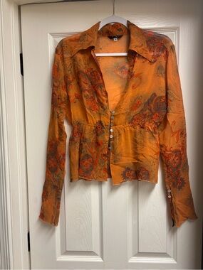 Tahari Orange Paisley Button-Down Sheer Blouse 🧡